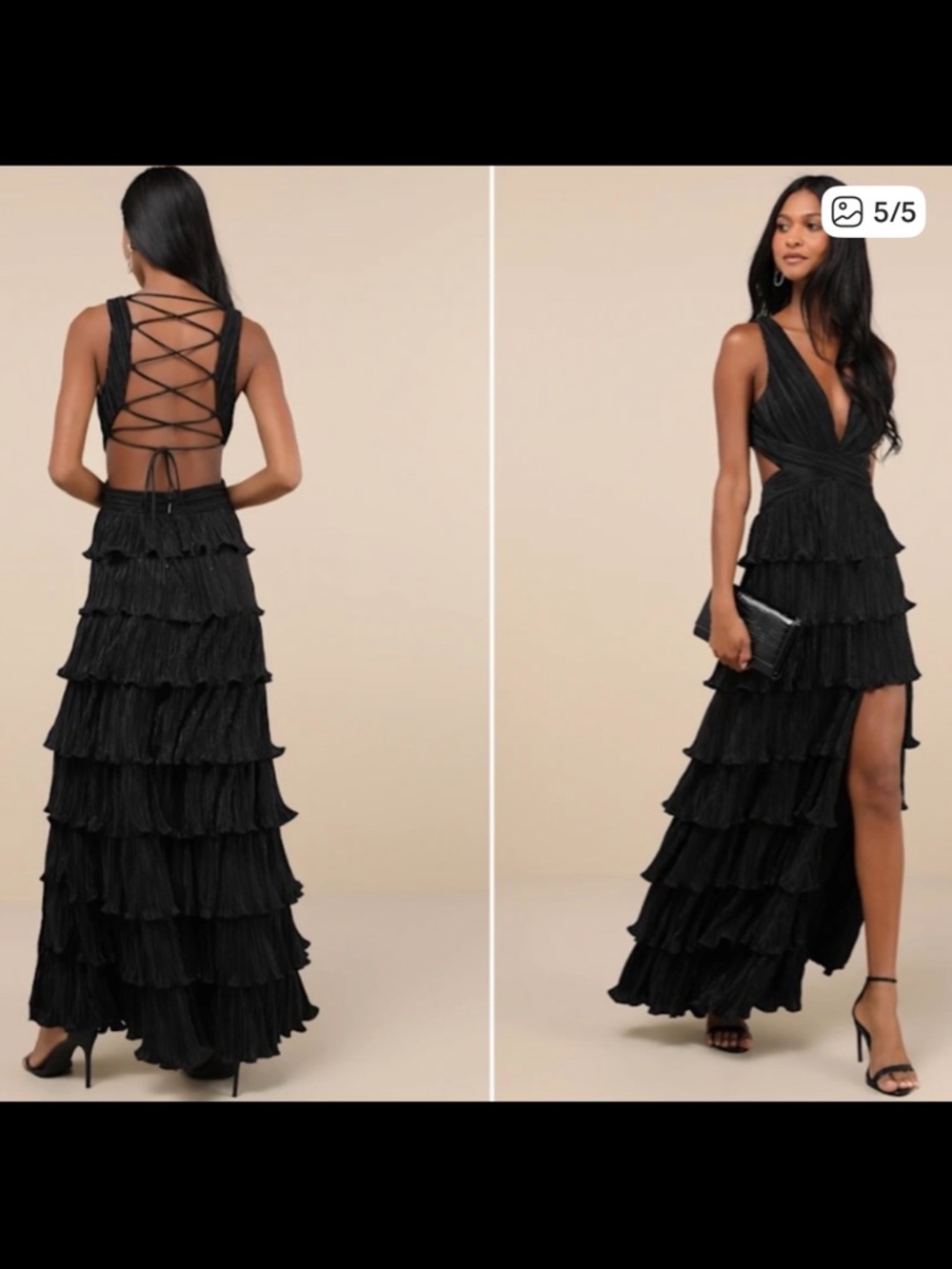 Beauty Icon Black Satin Pleated Tiered Lace-Up Maxi Dress